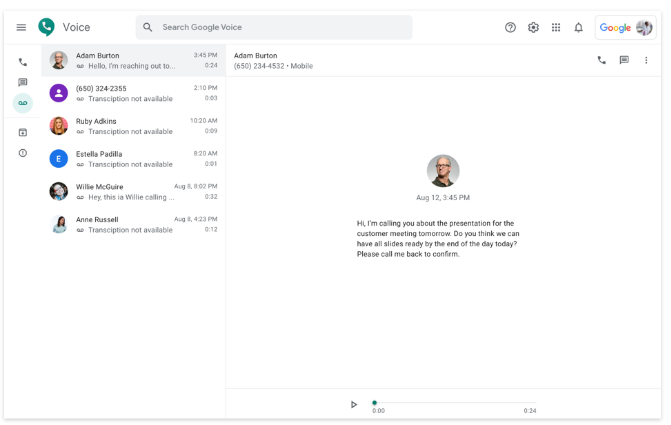 screenshot of Google Voice